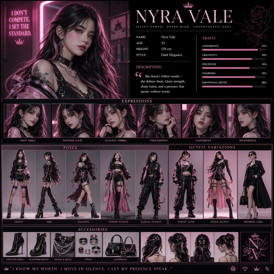 Luxe Pink & Dark Fashion Character Poster — Sora 2 Prompt