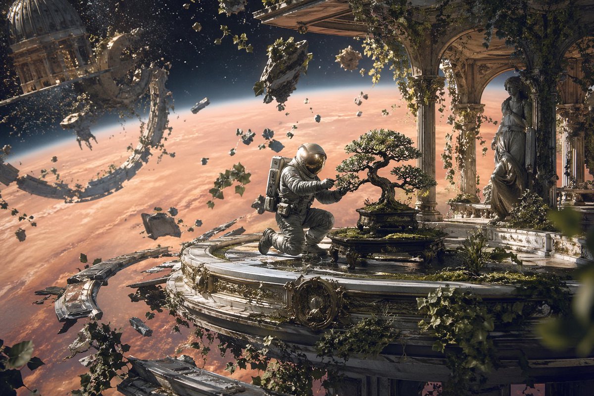 Astronaut Tending Bonsai in Space — Surreal Sci-Fi Prompt