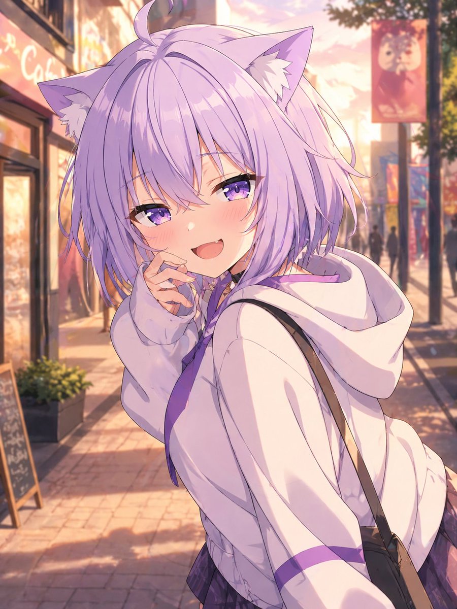 Lavender Neko Girl at Sunset City Street — Anime Prompt