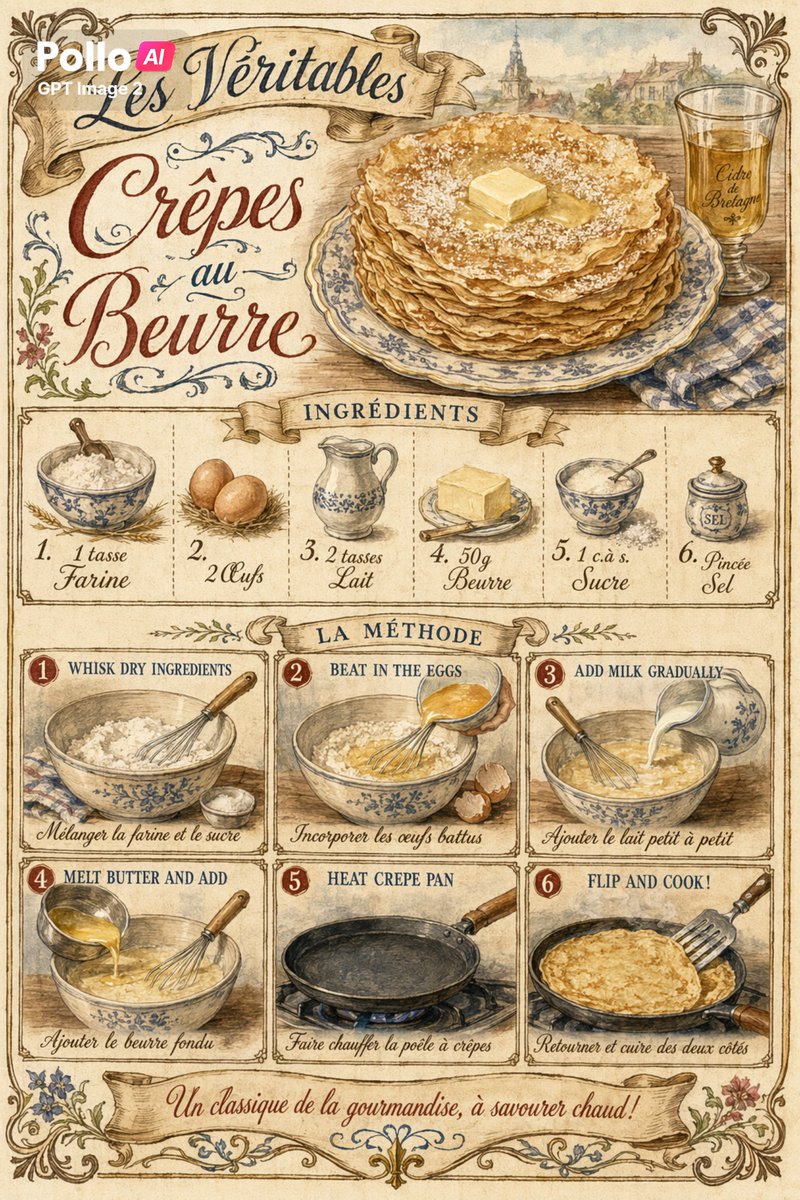 Vintage French Butter Crepe Recipe Poster — Sora 2 Prompt