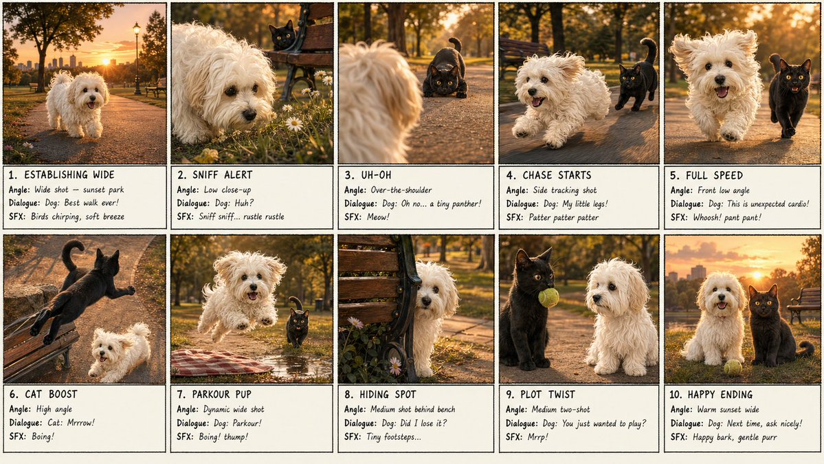 Cat & Dog Park Chase Storyboard — 10-Panel Cinematic Prompt