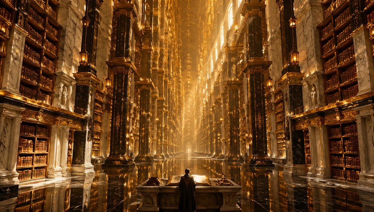 Impossible Infinite Golden Library — Cinematic Architectural Prompt