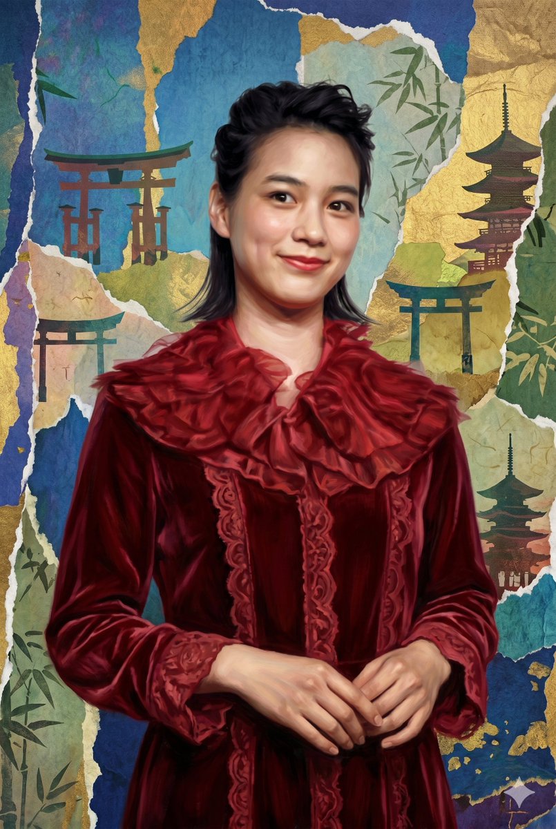 Japanese Collage Portrait: Red Velvet & Torii — Sora 2 Prompt