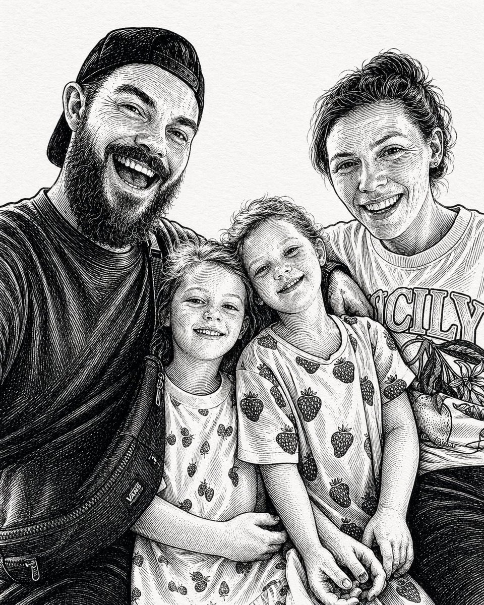 Monochrome Etched Family Portrait — Pen & Ink Sora 2 Prompt