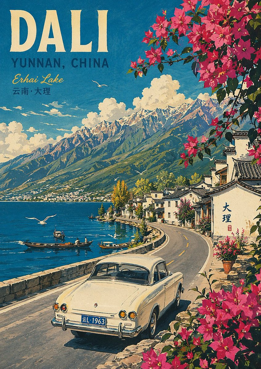 Vintage Travel Poster — Erhai Lake & Cangshan Sora 2 Prompt