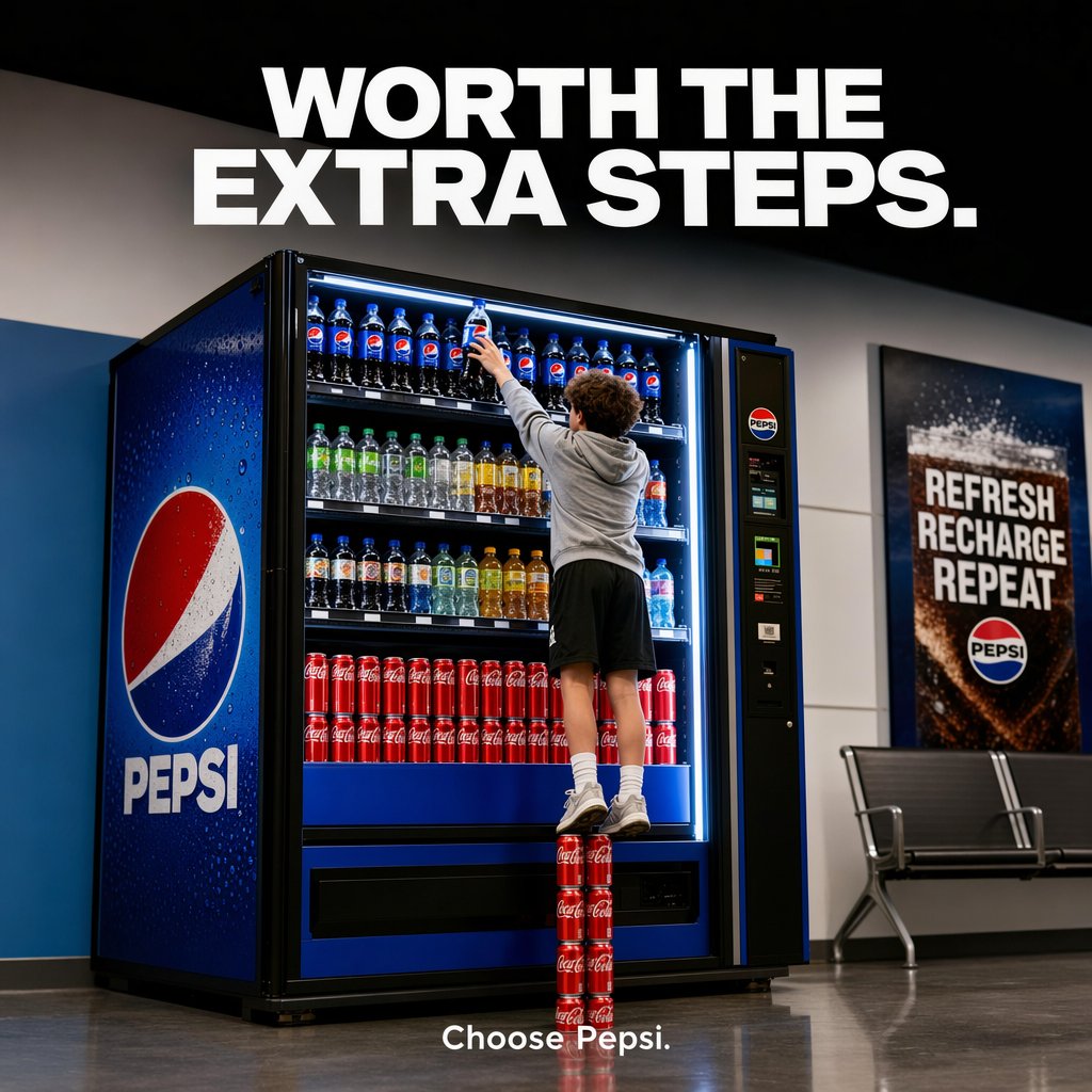 Pepsi Vending Machine: Standing on Coke Cans — Sora 2 Prompt