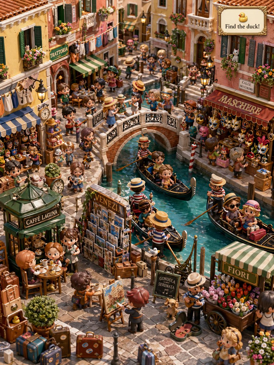 Hidden Duck in Miniature Venice — Sora 2 Prompt