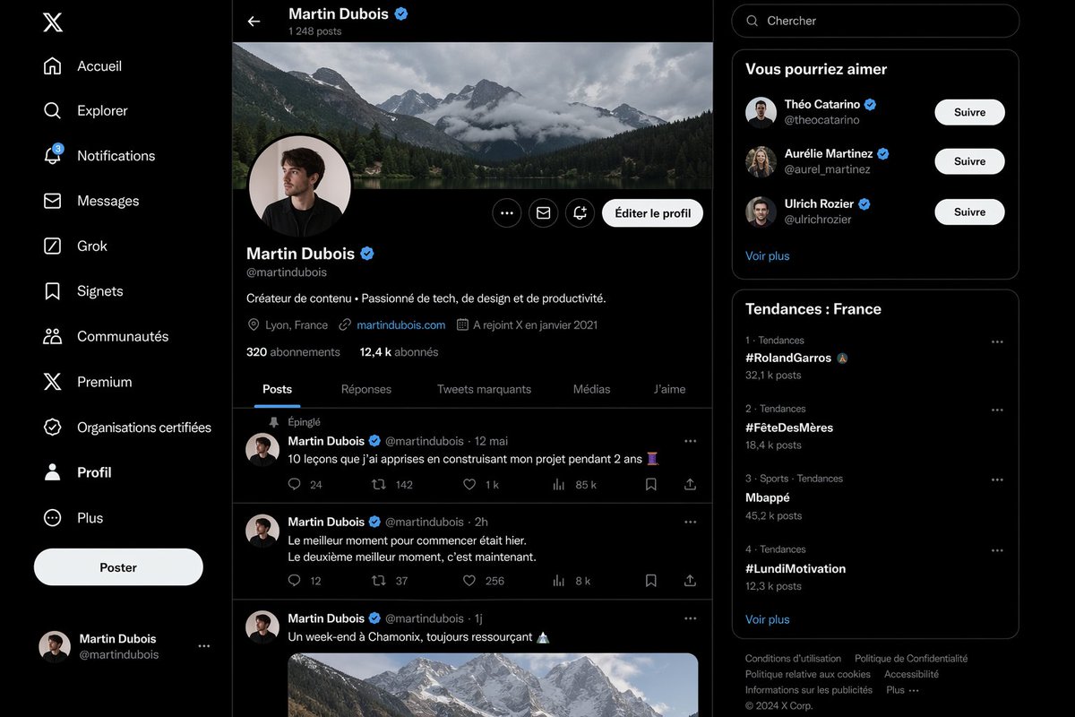 Photorealistic French X Profile UI -- Dark Mode Prompt