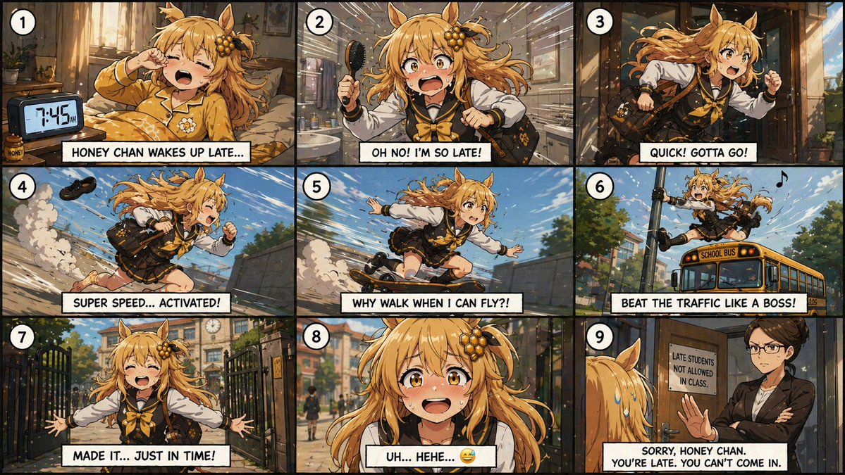 9-Panel Anime School Girl Comic — Sora 2 Prompt