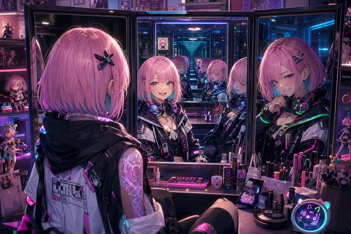Cyberpunk Anime Vanity with Infinite Mirror — Sora 2 Prompt