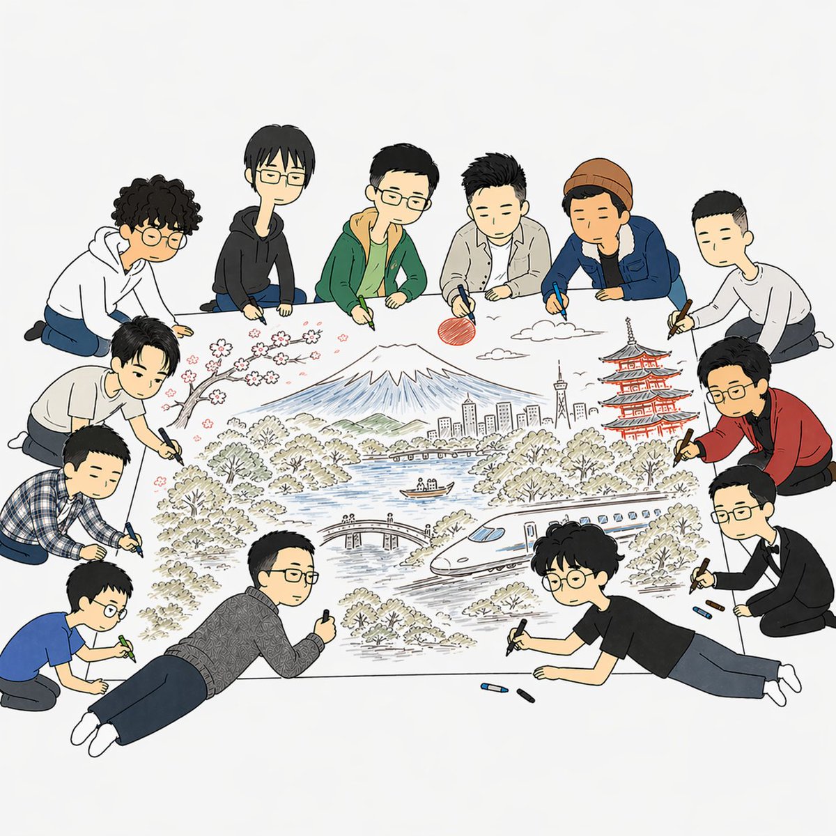 Team Drawing Japanese Travel Scene — Sora 2 Prompt