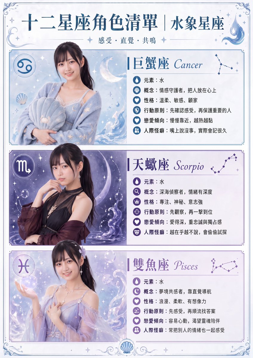 Water Sign Zodiac Character Poster — Sora 2 Prompt