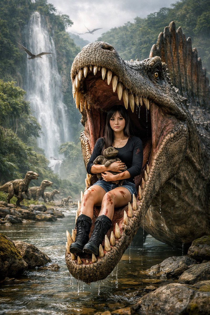 Spinosaurus Jaws Open: Woman Holds Baby Dino — Sora 2 Prompt