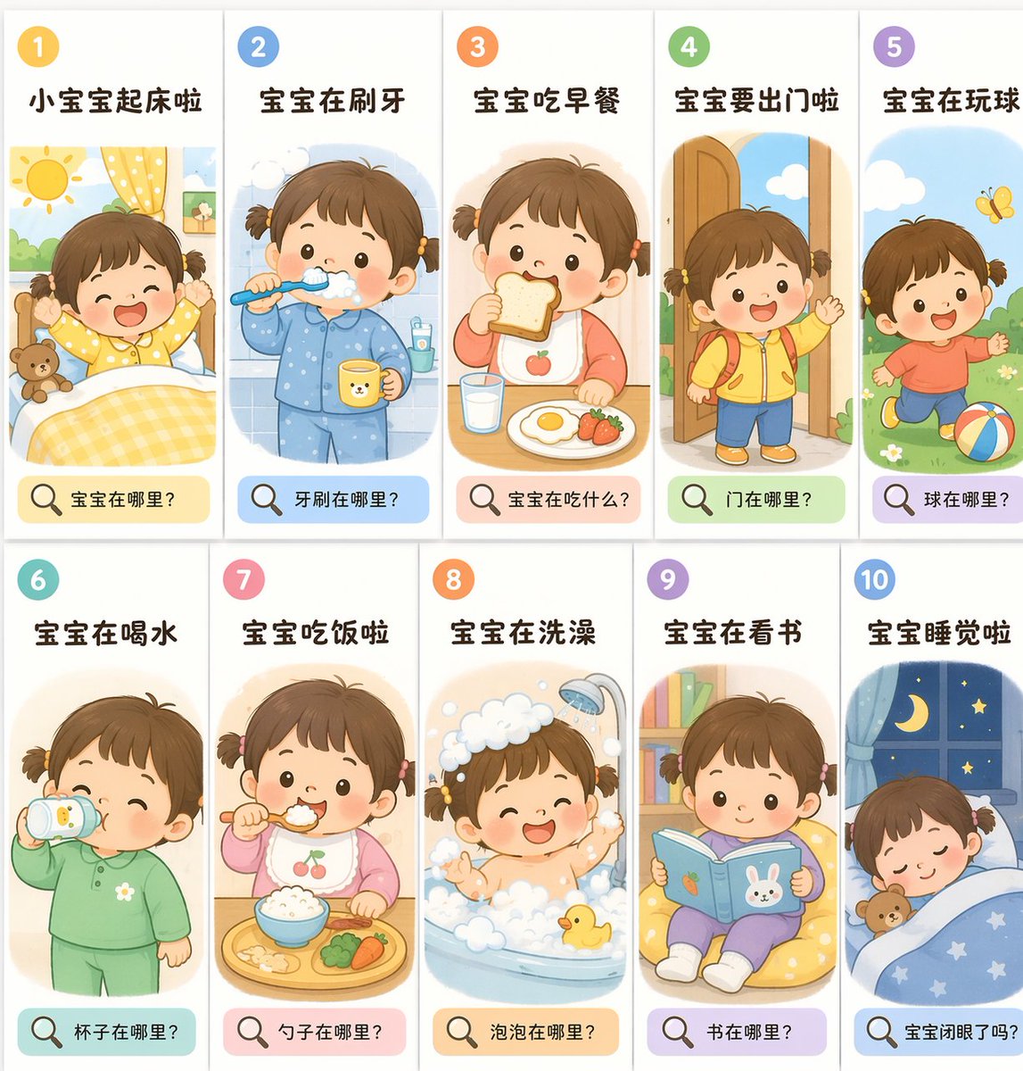 Toddler Daily Routine: 10-Panel Flash Card Set — Sora Prompt