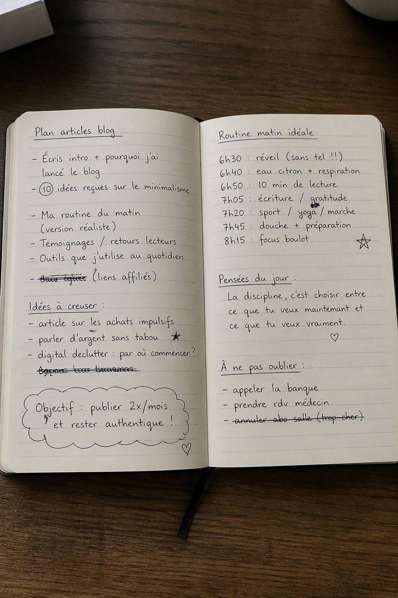 Open Notebook with French Handwritten Plans — Overhead Prompt