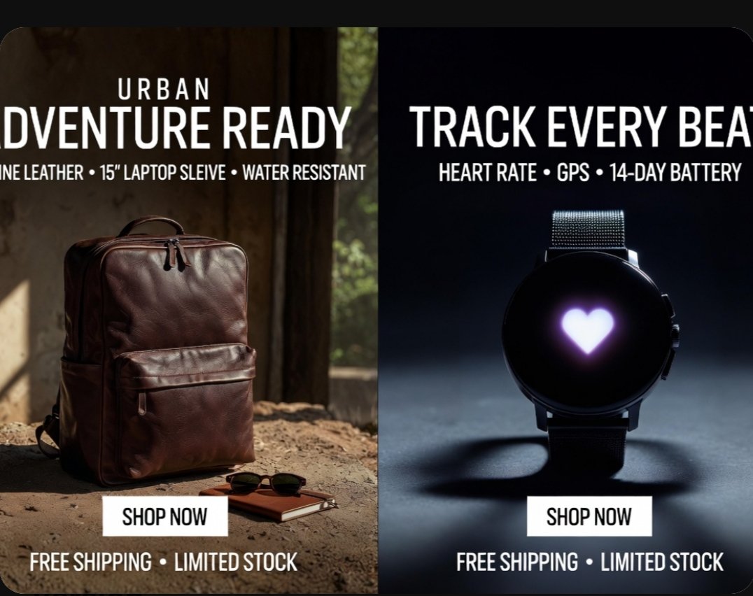 Split-Screen E-Commerce Ad: Backpack & Smartwatch — Sora 2