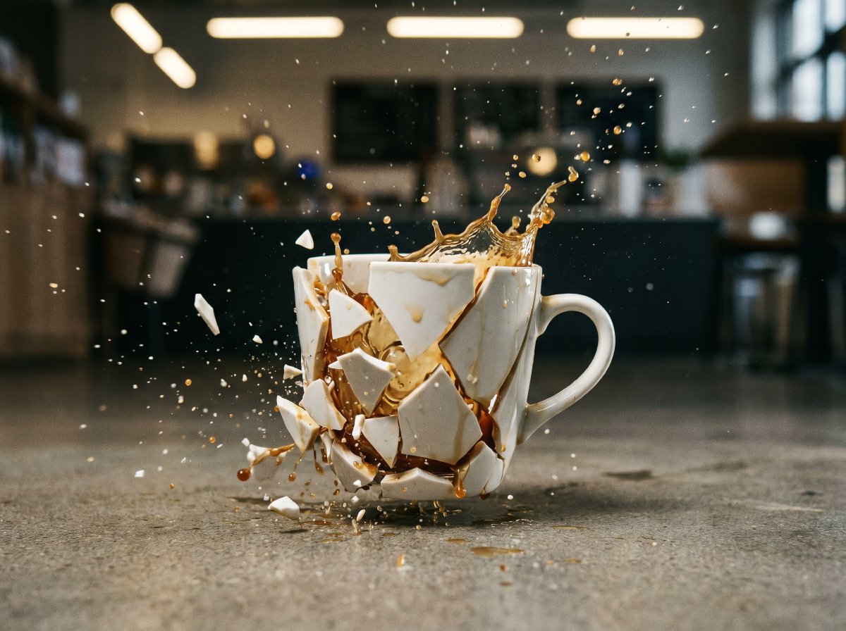 High-Speed Coffee Mug Shatter Macro Photo Prompt — Sora 2