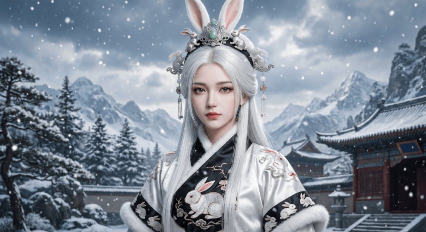 Snow Rabbit Empress Portrait — Sora 2 Prompt
