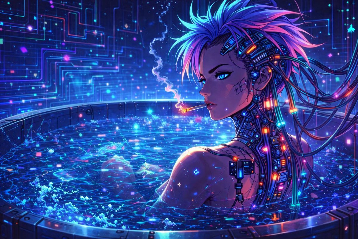 Cyberpunk Anime Girl in Neon Bathtub — Sora 2 Prompt