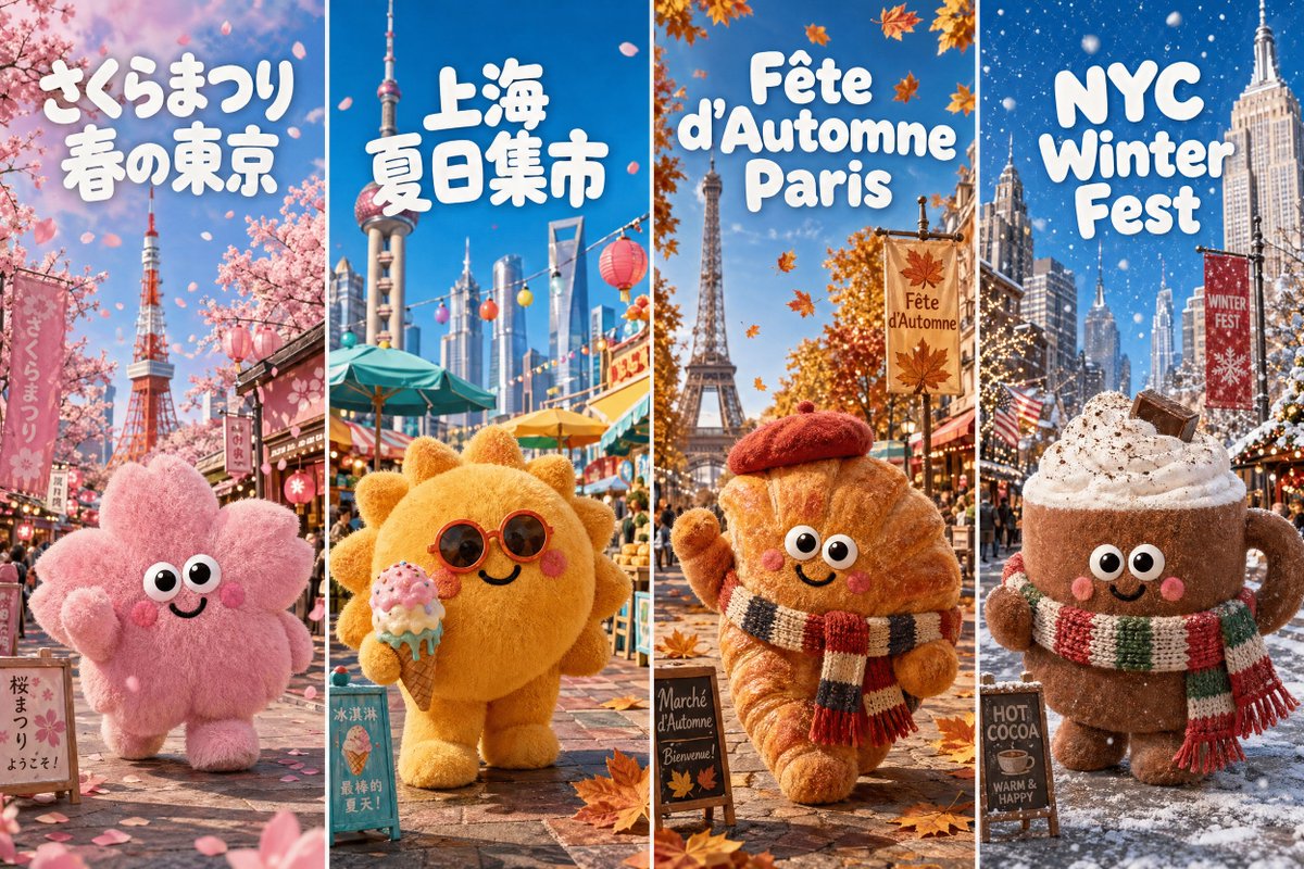 Four-Season City Festival Mascot Grid — Sora 2 Prompt