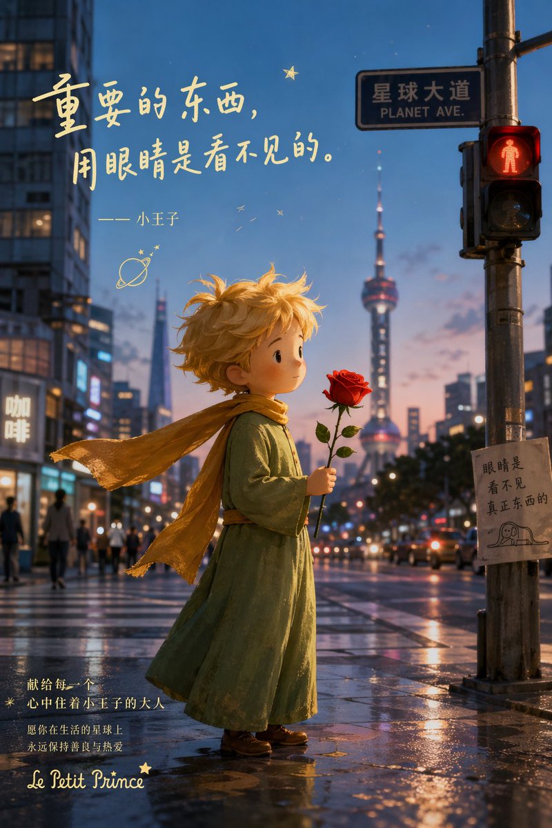 Dreamy Little Prince Shanghai Rain Poster — Sora 2 Prompt