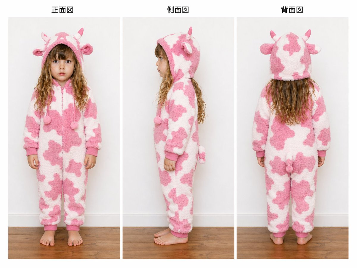 Cute Cow Kigurumi: Kid's 3-View Reference — Sora 2 Prompt