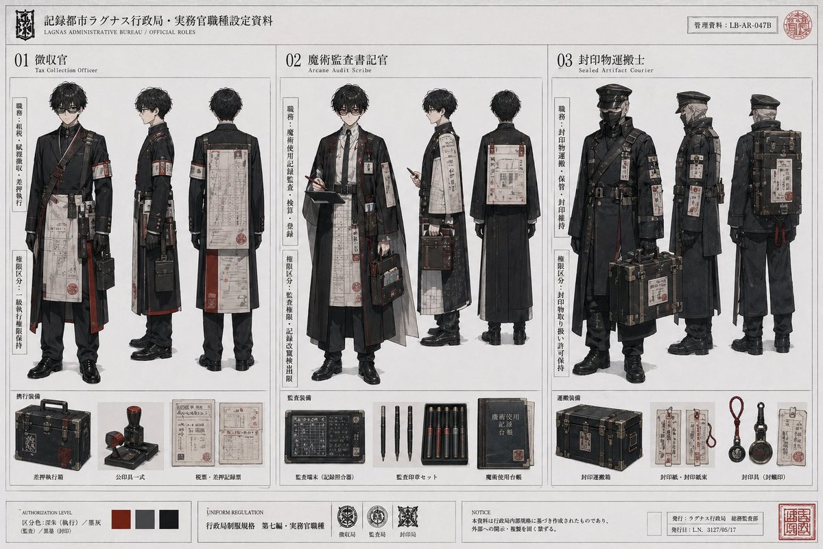 Anime Dark Fantasy Bureaucrat Design Sheet — Sora 2 Prompt