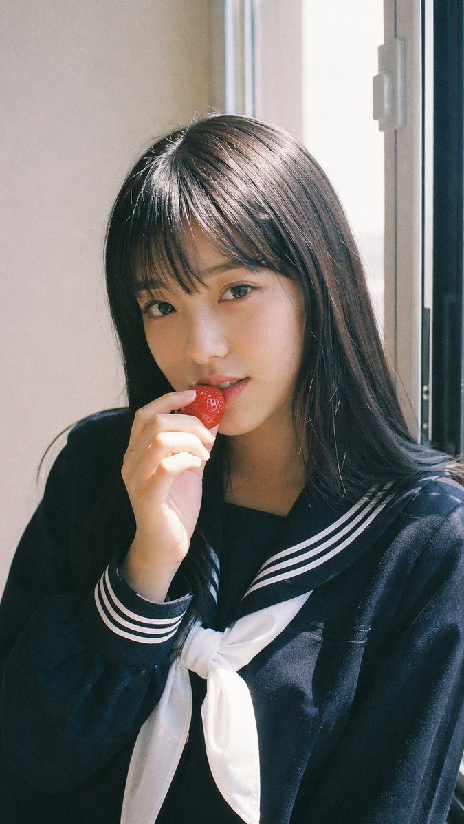 Fujifilm-Style Idol Portrait with Strawberry — Sora 2 Prompt