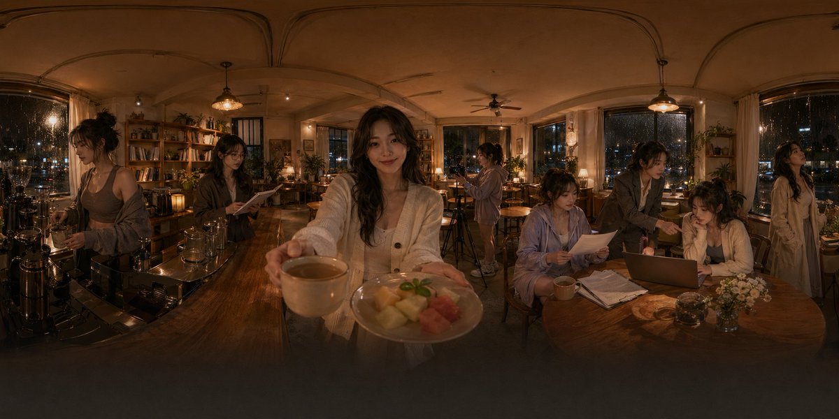 Rainy Night Cafe 360° Panorama with 8 Clones — Sora 2 Prompt