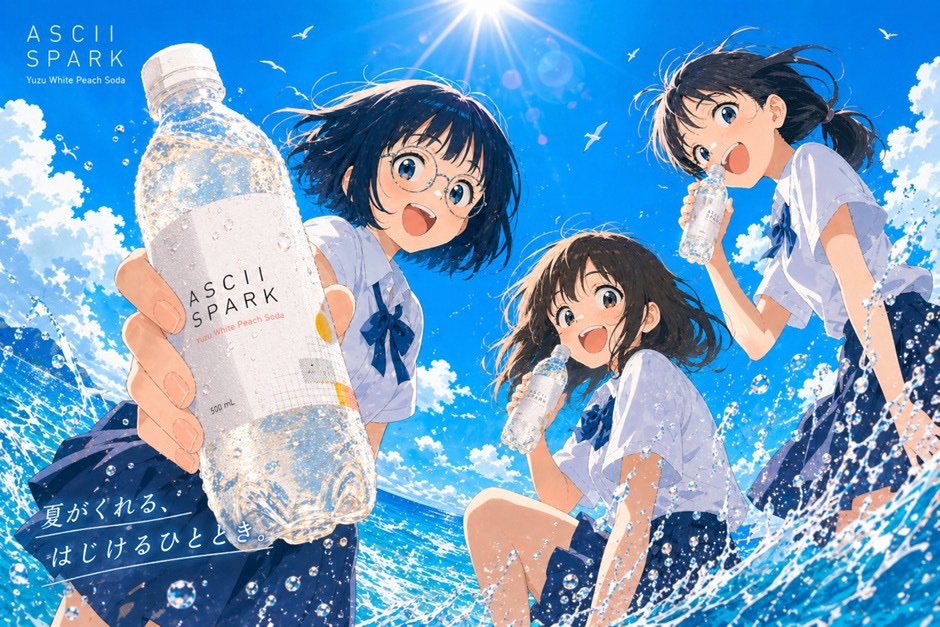 Anime Summer Soda Ad Poster — Beach Scene with Schoolgirls
