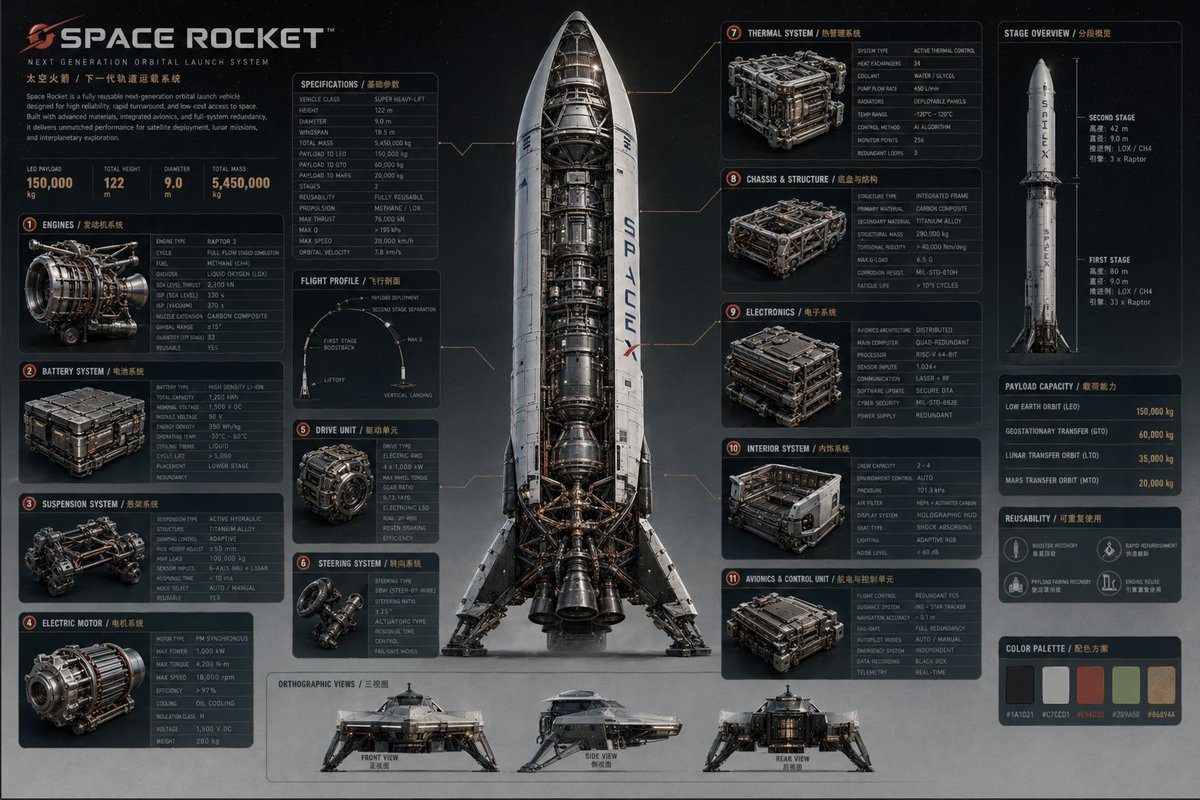 Space Rocket Cutaway Infographic Poster — Sora 2 Prompt