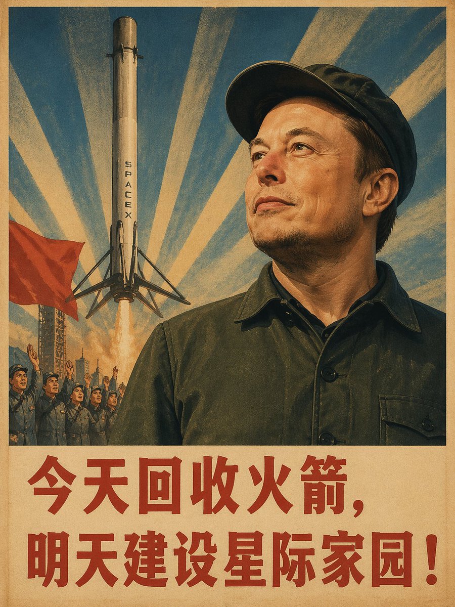 Retro-Futuristic Propaganda Poster: SpaceX Rocket & Workers