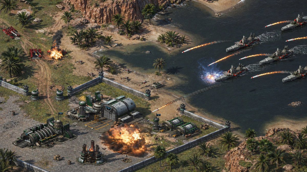 Isometric RTS Naval Siege on Coastal Base — Sora 2 Prompt