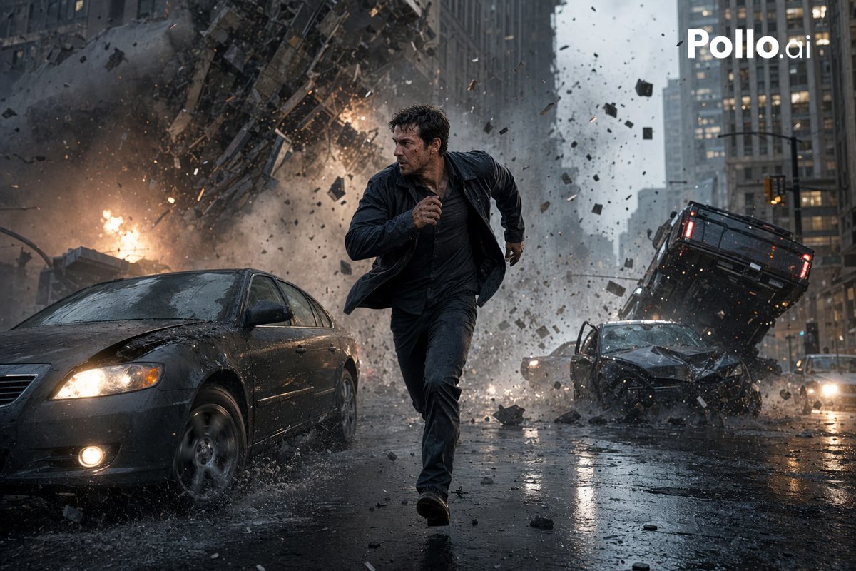 Cinematic Explosion Chase in Rainy City — Sora 2 Prompt