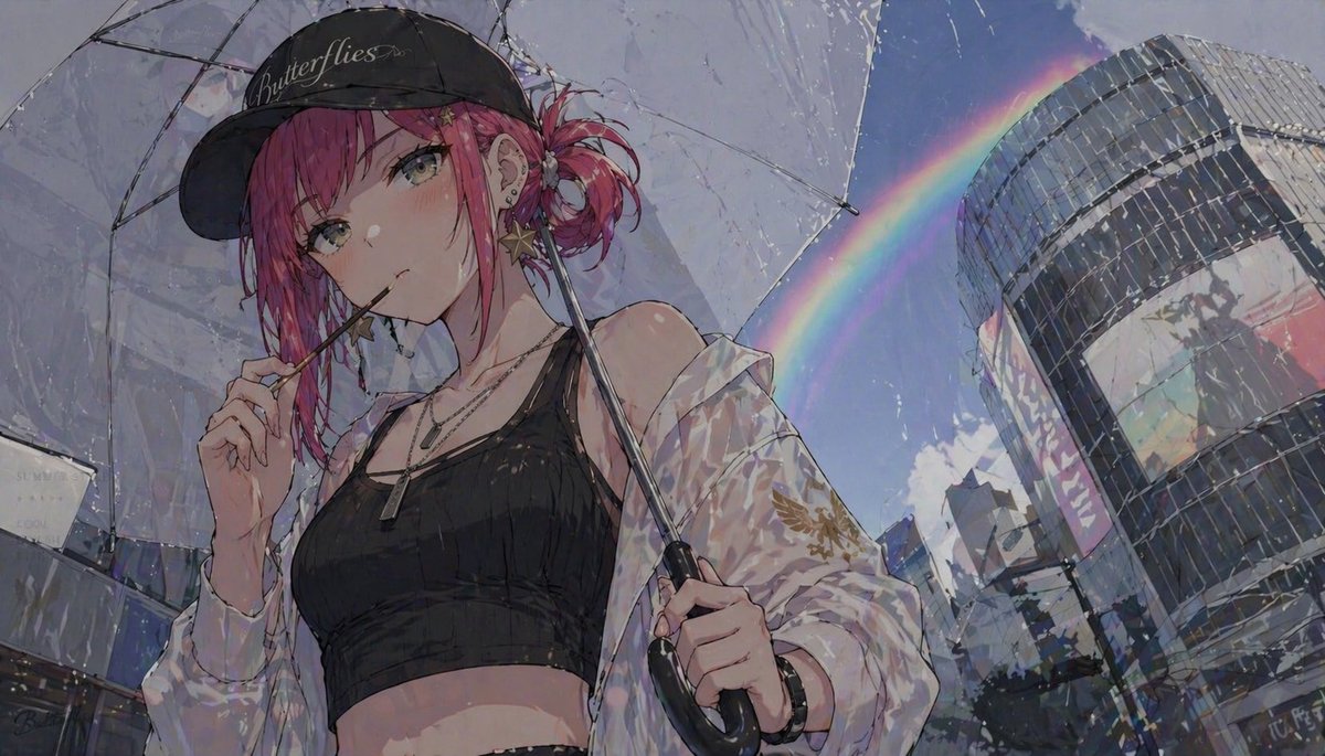 Anime Rainy Street Fashion with Rainbow — Sora 2 Prompt