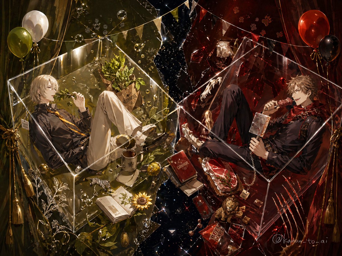 Contrasting Anime Boys in Crystal Boxes — Sora 2 Prompt