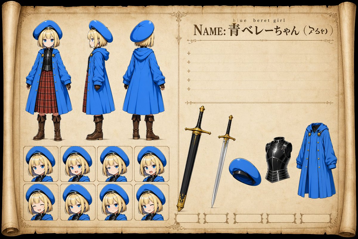 Fantasy Anime Character Sheet: Blue Beret Girl — Sora 2 Prompt