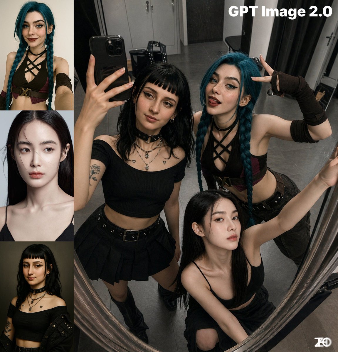 Group Top-Down Mirror Selfie with Exaggerated Poses — Sora 2 Prompt