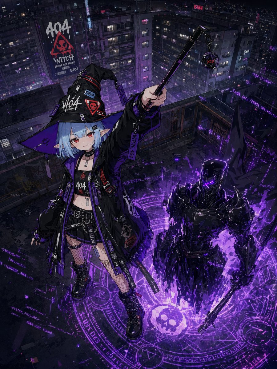 Cyberpunk 404 Witch: Neon Rooftop — Sora 2 Prompt