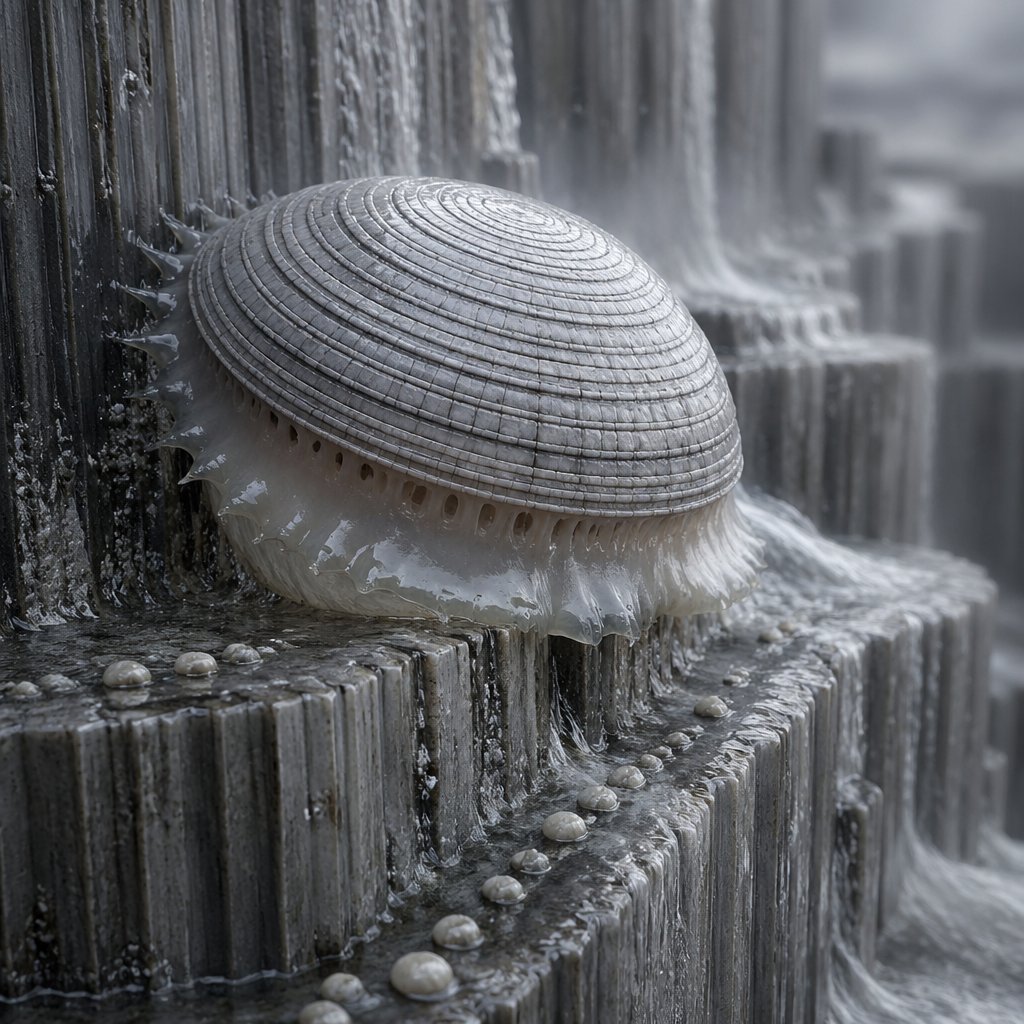 Bioluminescent Shell-Jellyfish on Wet Basalt — Sora 2 Macro Prompt