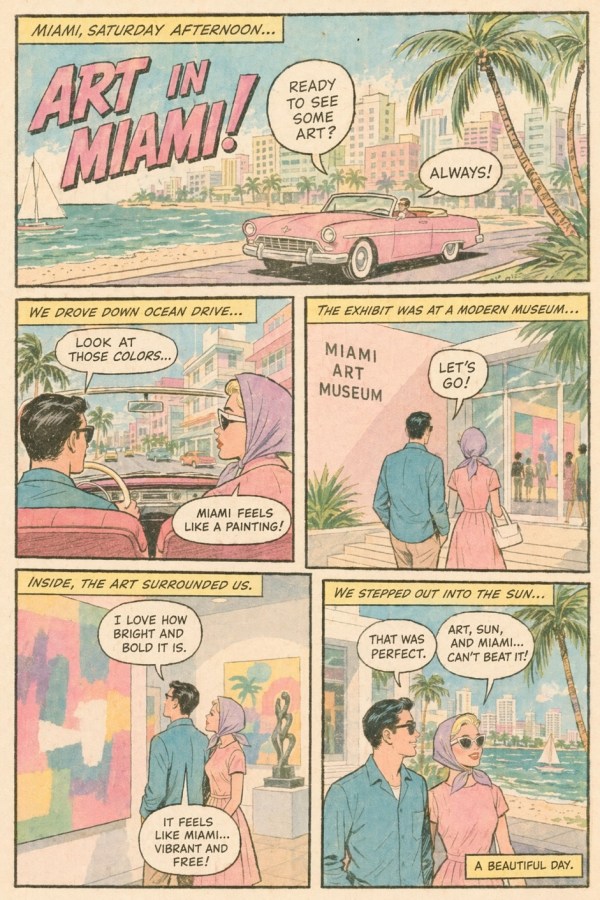 Retro 1950s Miami Comic Page — Art Date — Sora 2 Prompt