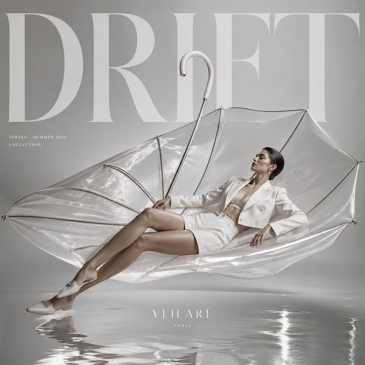 Haute Couture Drift Ad — Floating Umbrella & Sculptural Fashion