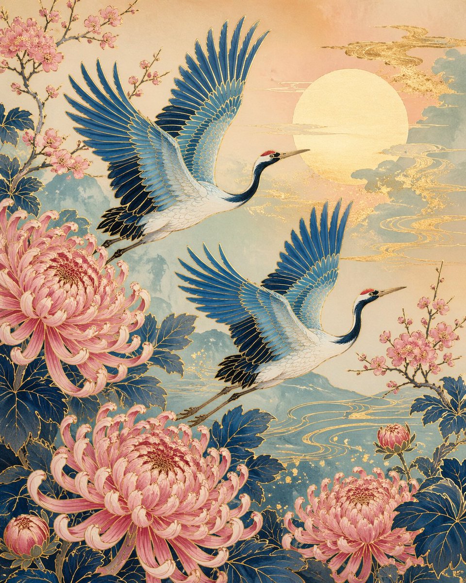 Japanese Art Prompt: Cranes, Chrysanthemums, Gold Outlines