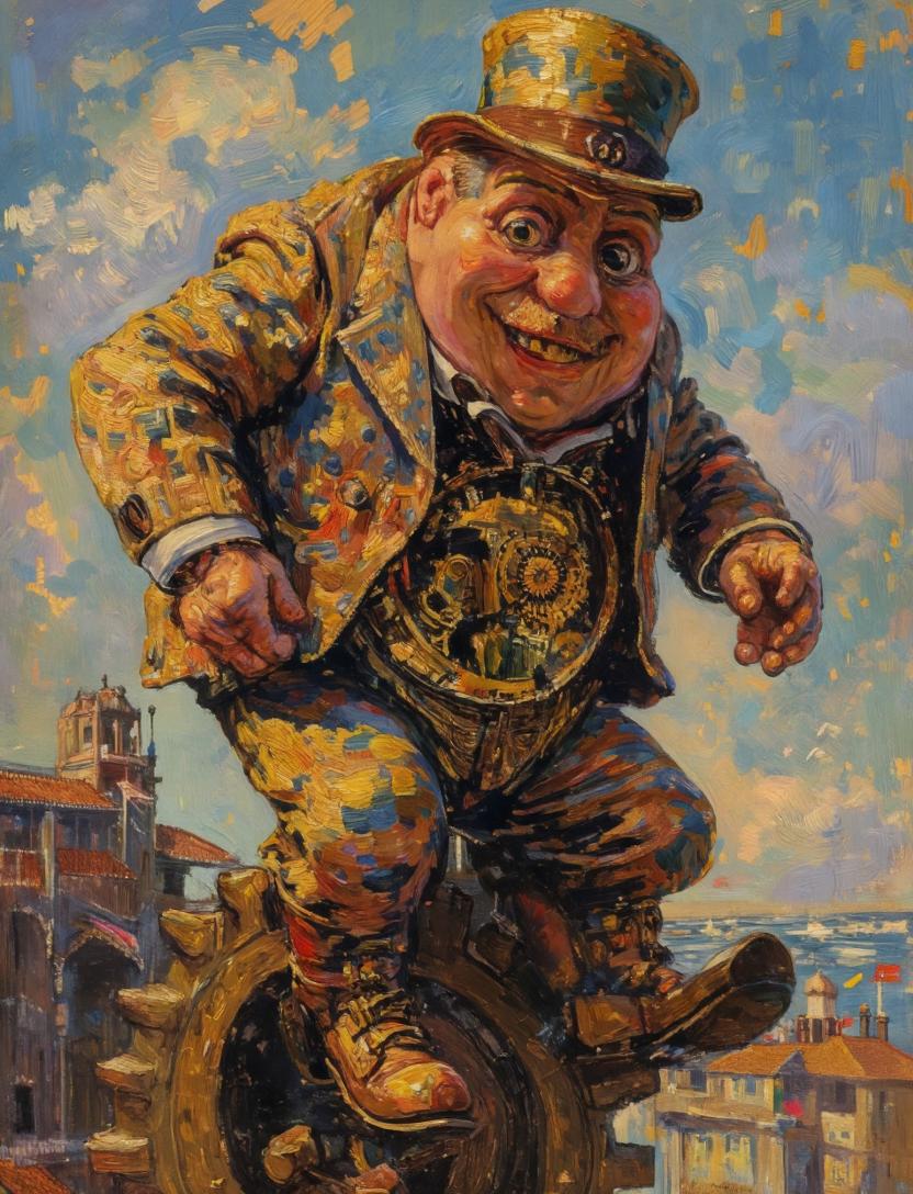 Steampunk Gentleman on Gear — Surrealist Oil Painting Prompt