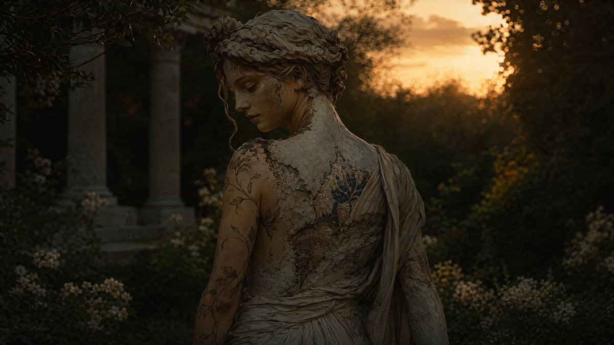 Dark Fantasy Statue Woman at Sunset — Sora 2 Prompt