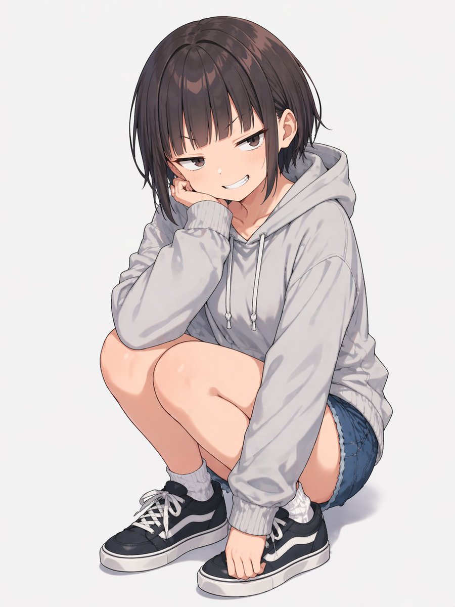 Melancholic Streetwear Anime Girl Crouching — Sora 2 Prompt