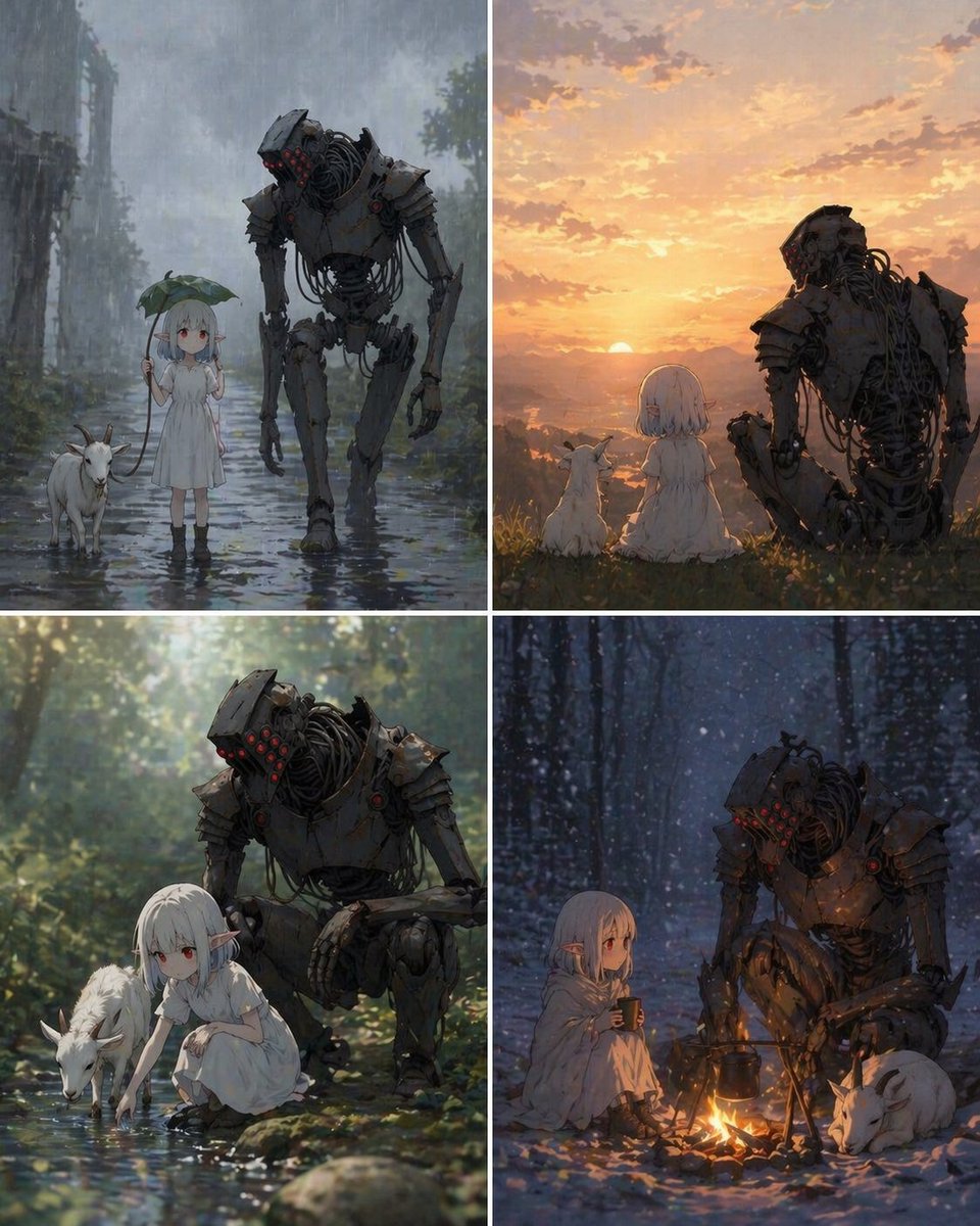 Sora 2 Prompt: 4-Panel Cinematic Girl, Robot & Goat