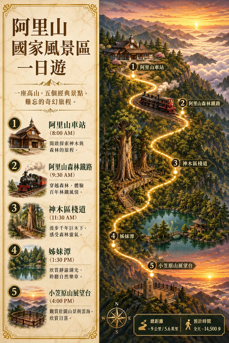 阿里山国家风景区复古旅行海报 — Sora 2 Prompt