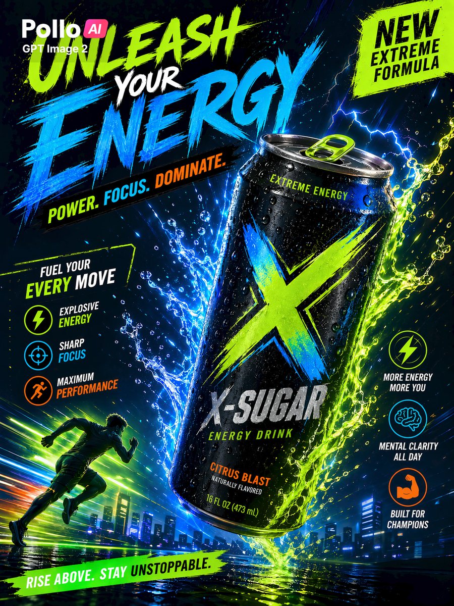 Neon Energy Drink Can — Dynamic Commercial Poster Prompt