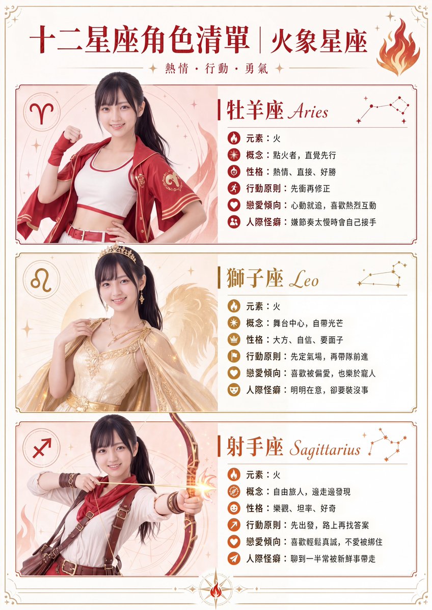 Elegant Fire Sign Zodiac Character Poster — Sora 2 Prompt